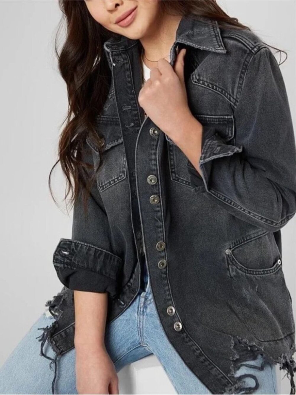 Free People Moonchild Distressed Denim Shirt Jacket Grunge 90s Moon Dust Black S